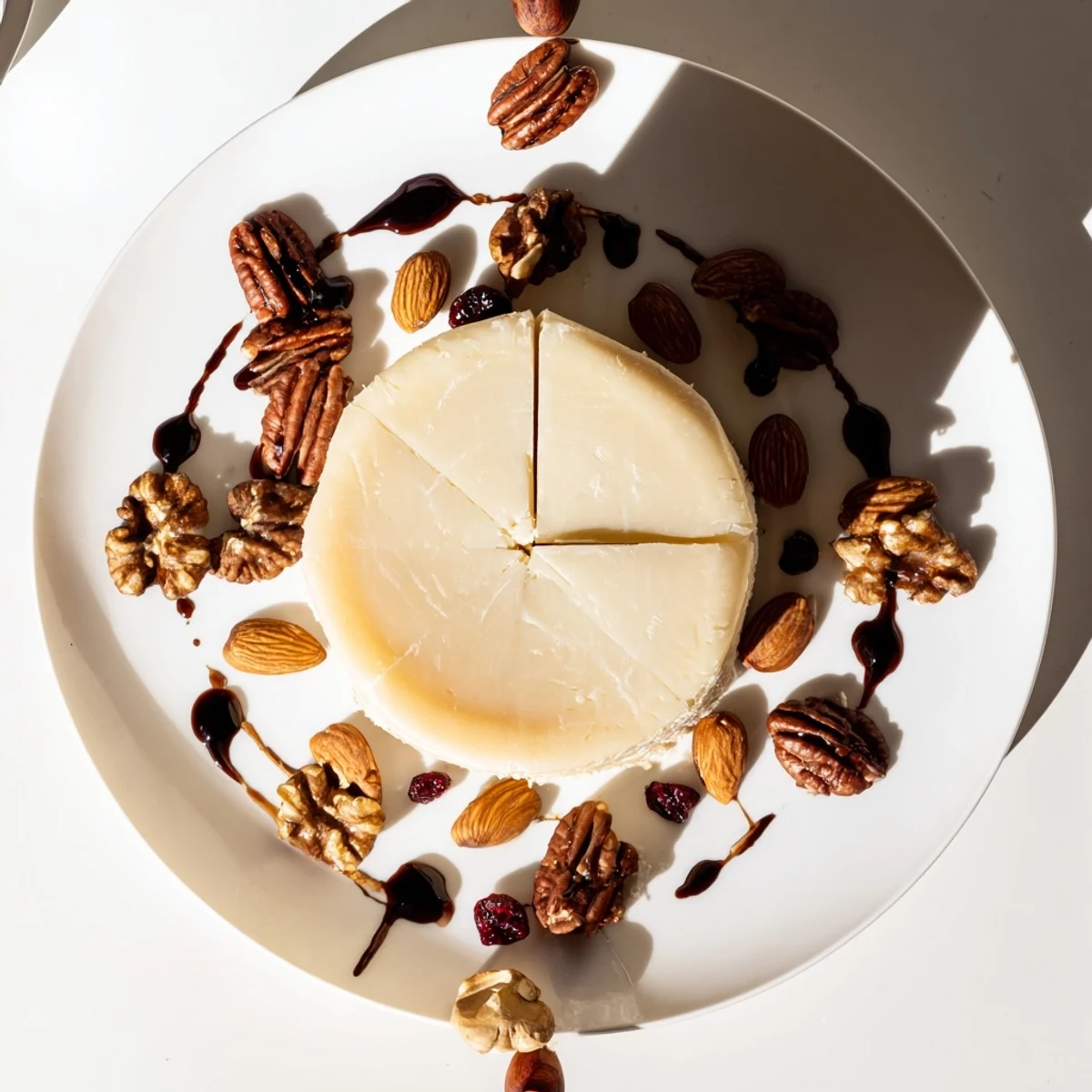A vibrant cheese platter known as The Sundial, adorned with nuts and balsamic drizzle.