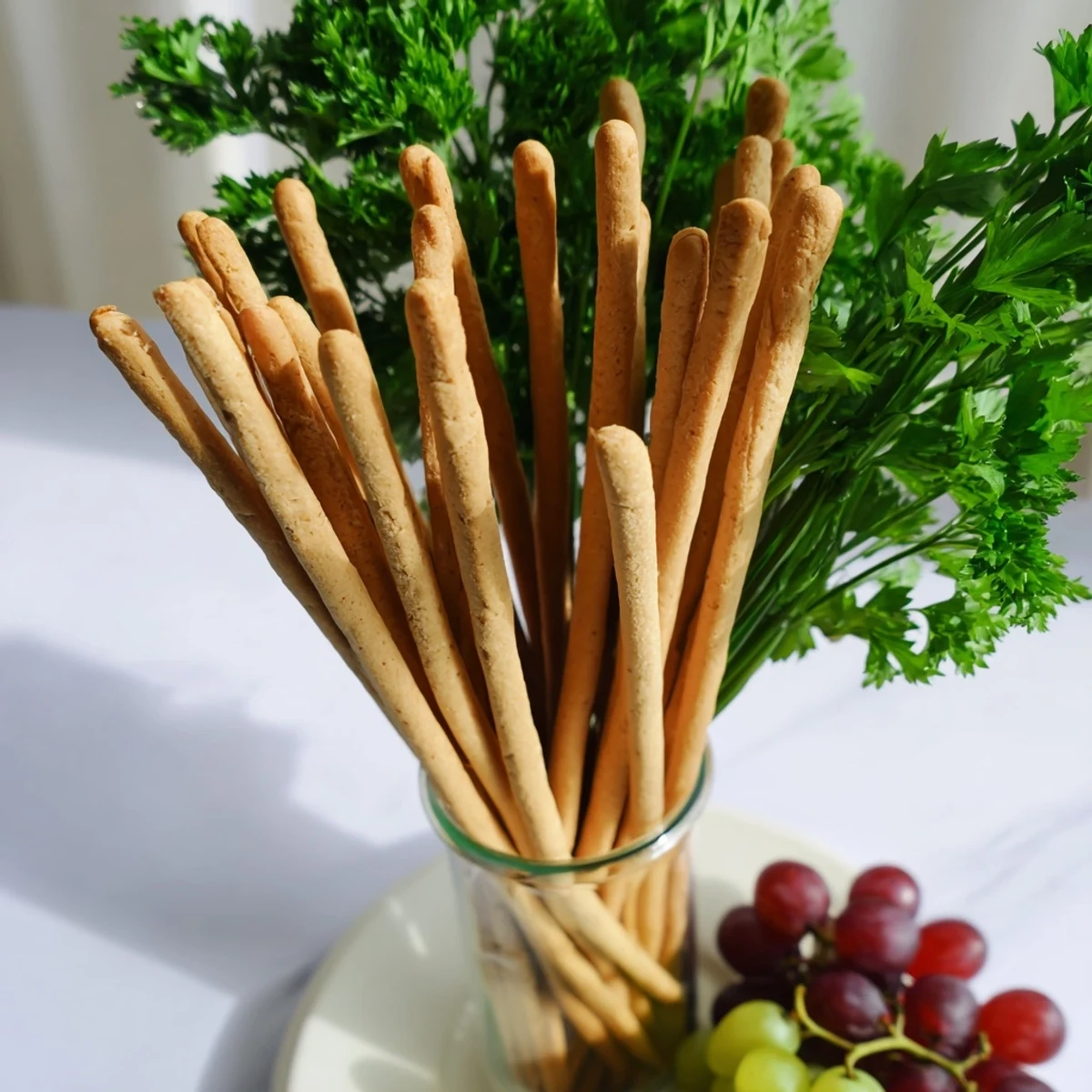 Vibrant "Vertical Forest" arrangement: tall breadsticks standing in jars, surrounded by fresh grapes and parsley.