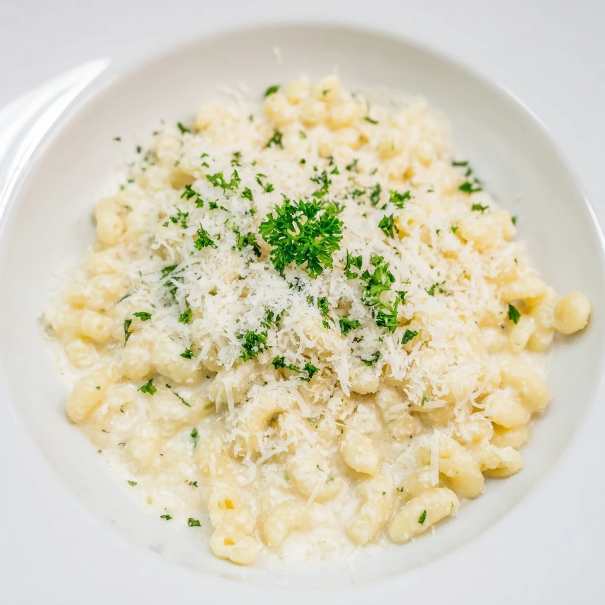 Steaming bowl of 15-Minute Garlic Parmesan Pasta, glistening with creamy garlic sauce and fresh parsley garnish.