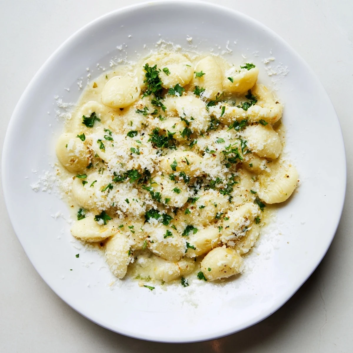 Close-up of golden 15-Minute Garlic Parmesan Pasta, showing perfectly coated ditalini pasta and grated Parmesan.