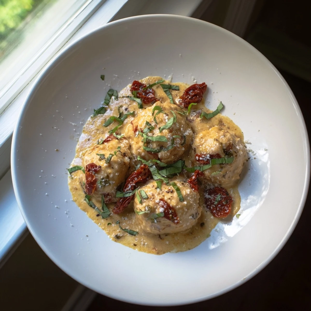 Close-up of golden-brown Marry Me Chicken Meatballs, smothered in a rich, savory Parmesan cream sauce.