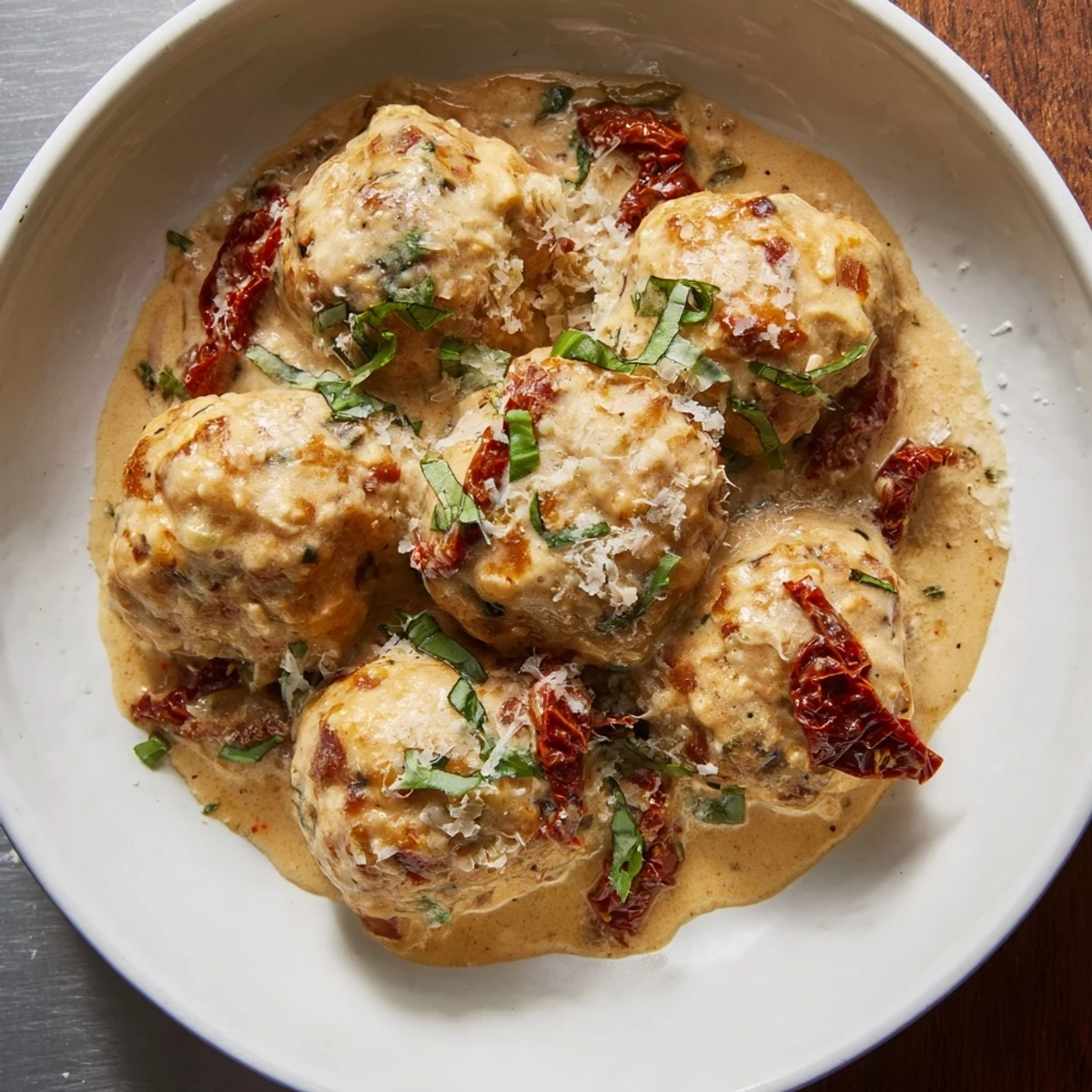 Marry Me Chicken Meatballs, swimming in a creamy, sun-dried tomato sauce, ready for serving over pasta.