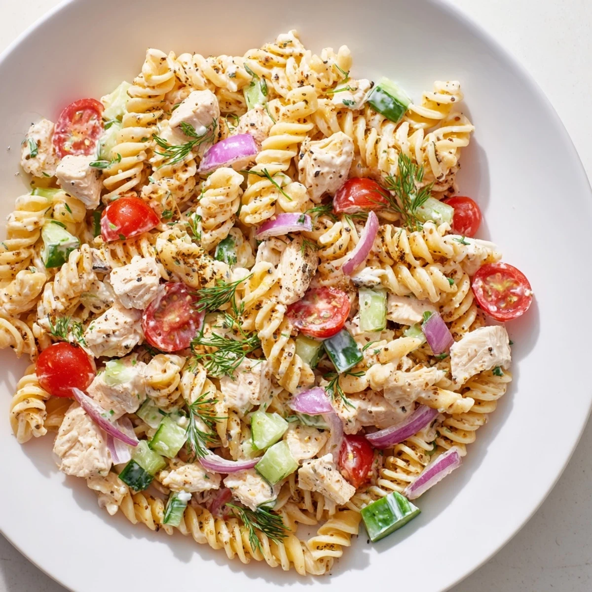 Everything Bagel Chicken Pasta Salad: A close-up view of the chilled pasta salad, featuring colorful tomatoes and flavorful chicken.