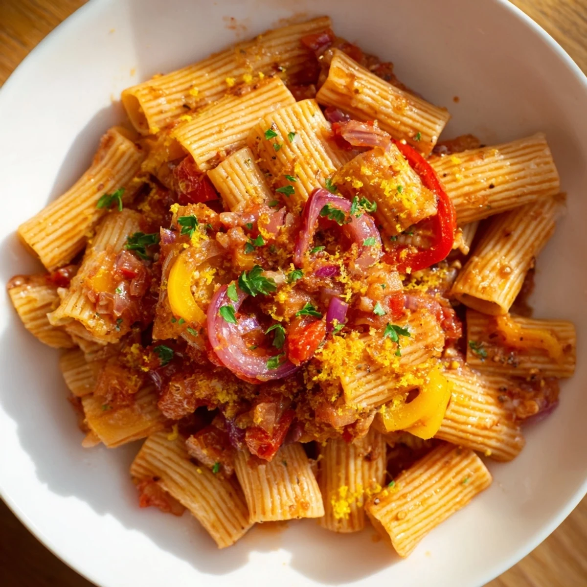 Steaming bowl of One-Pot Diavola Spicy Pasta, with vibrant red sauce and fresh herbs, ready to serve.