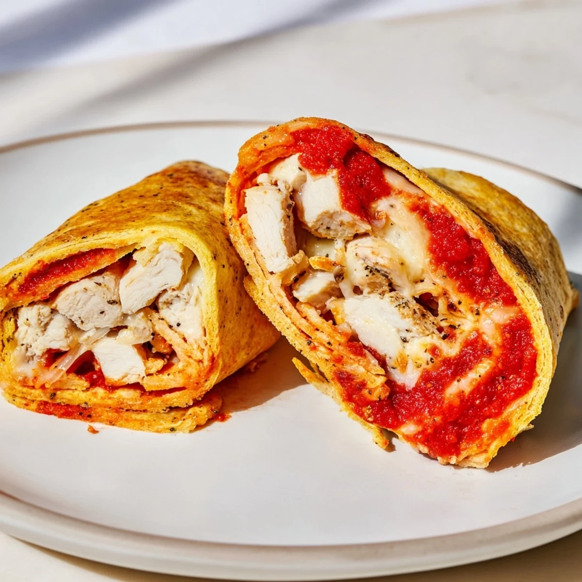 Tortilla Pizza Wrap with Chicken, beautifully toasted and filled oozing with melted cheese and marinara sauce.