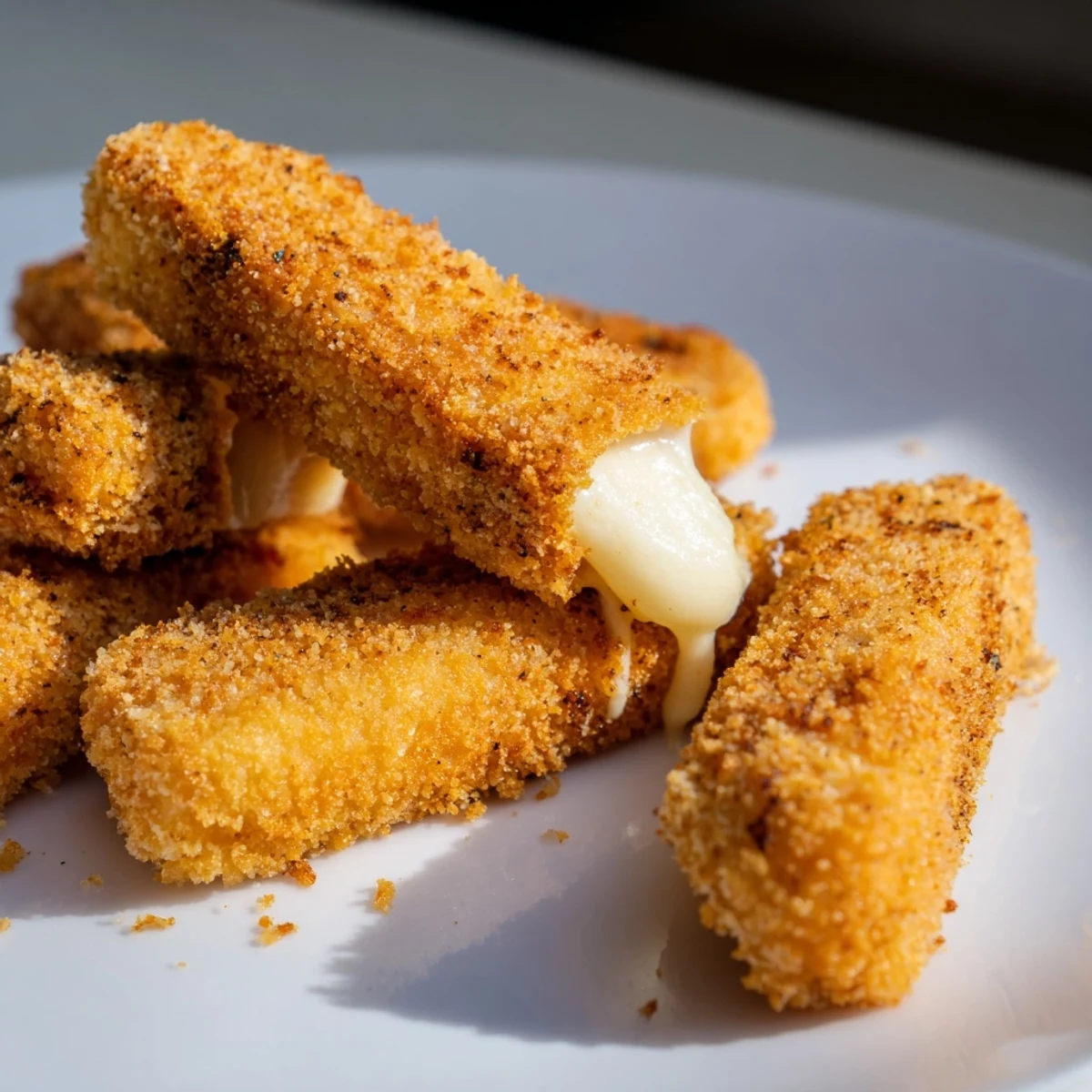 Golden brown air fryer mozzarella sticks, perfect for dipping, melting cheese, and quick app.