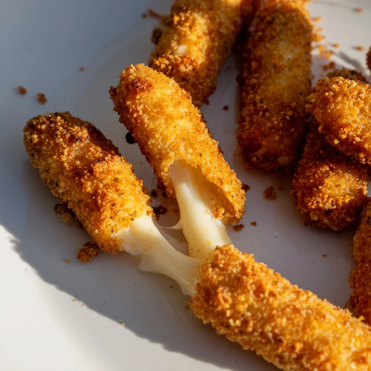 A close-up of delicious, golden air fryer mozzarella sticks ready for a satisfying snack.