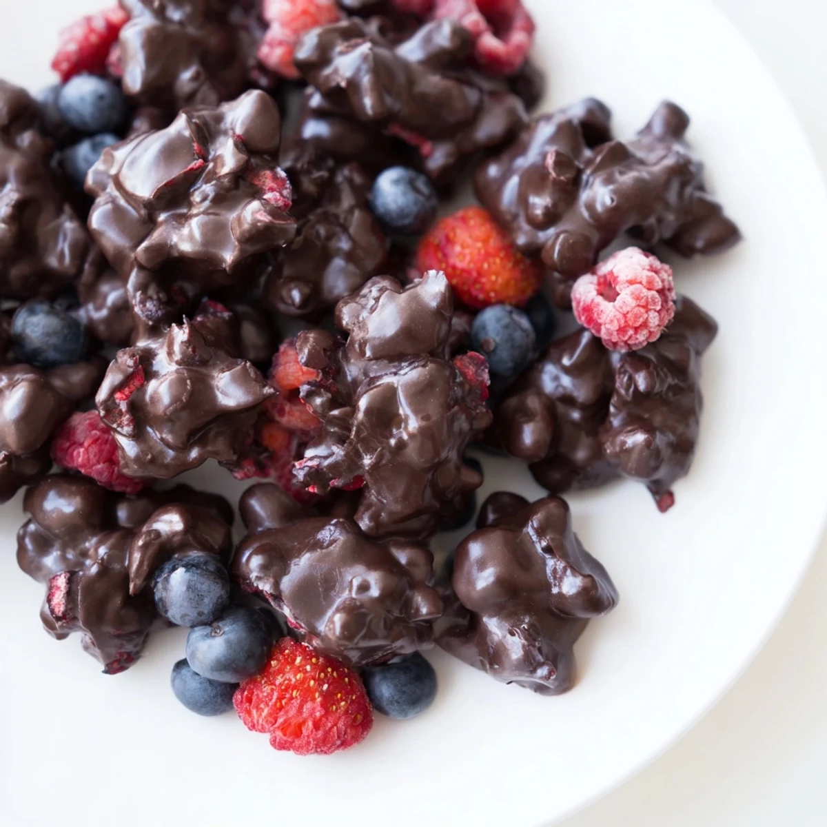 Frozen chocolate yogurt clusters, speckled with berries and glistening with dark chocolate coating.