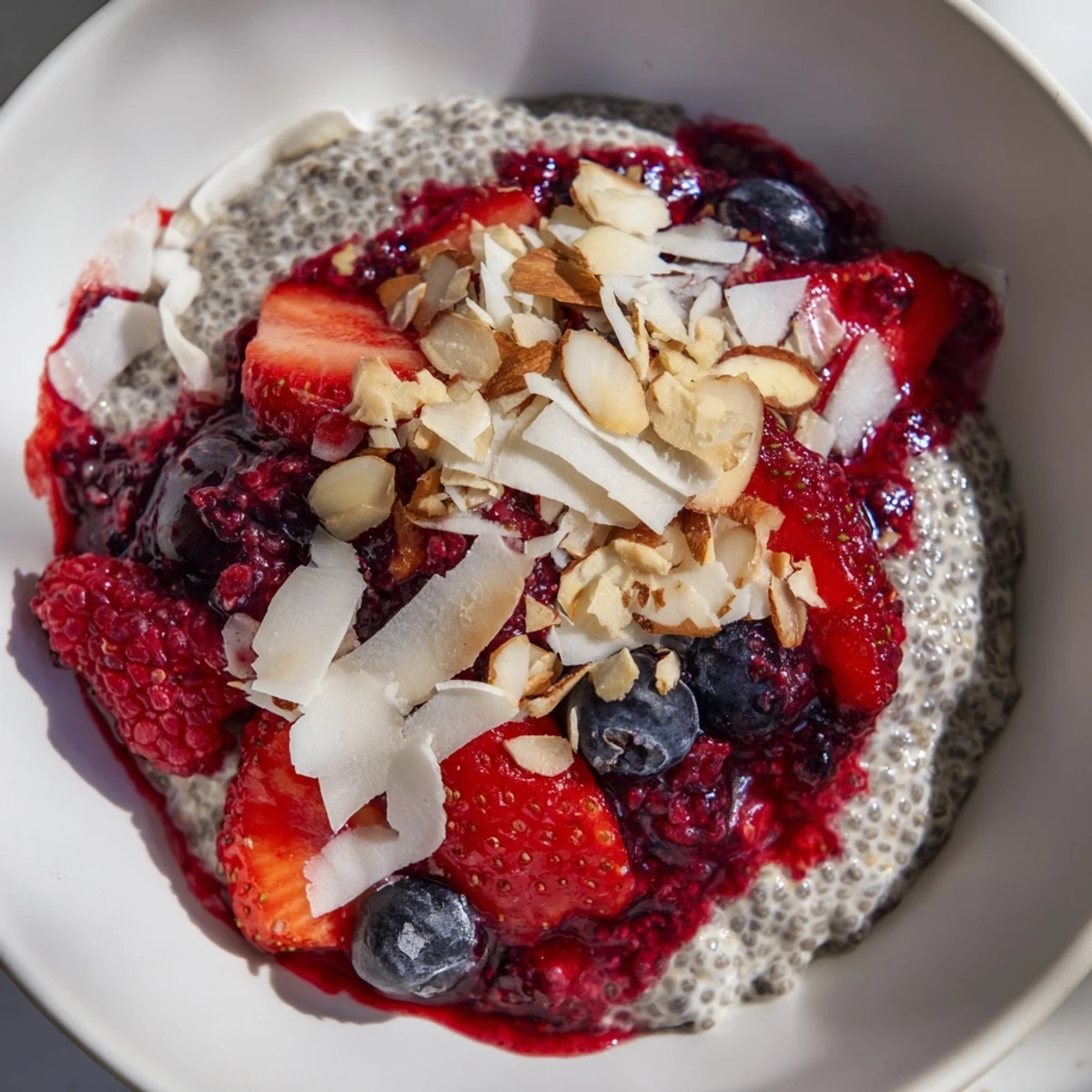 A close-up of a refreshing Berry Chia Pudding, showcasing layered textures and fresh berries.