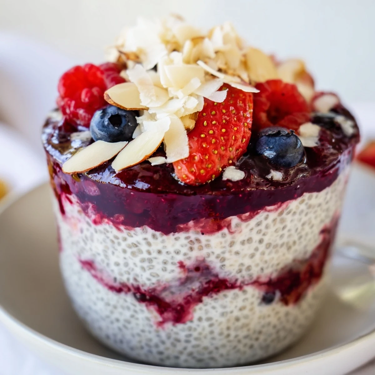 Delicious, vegan Berry Chia Pudding topped with coconut flakes and almonds, great for breakfast.