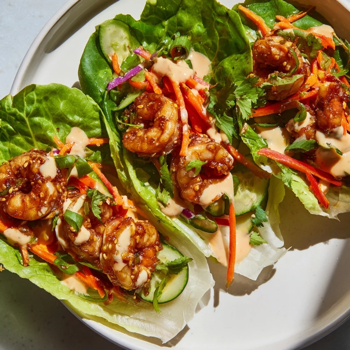Freshly prepared shrimp lettuce cups with colorful veggies and a creamy sauce ready to serve.