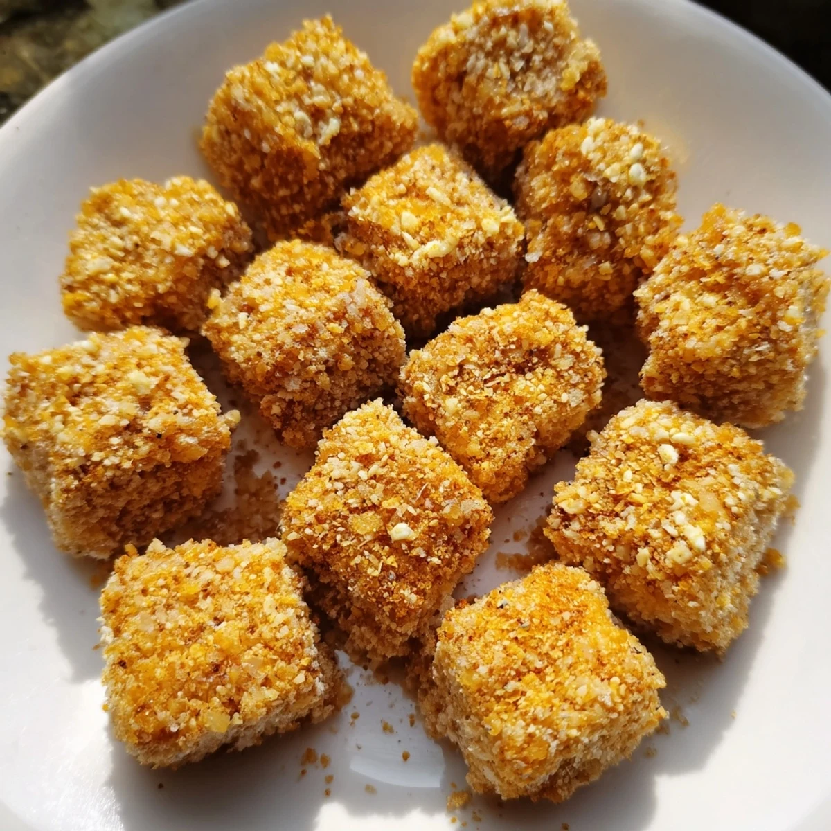 Golden-fried crispy tofu nuggets, boasting a satisfying crunch, ready to be dipped and enjoyed.