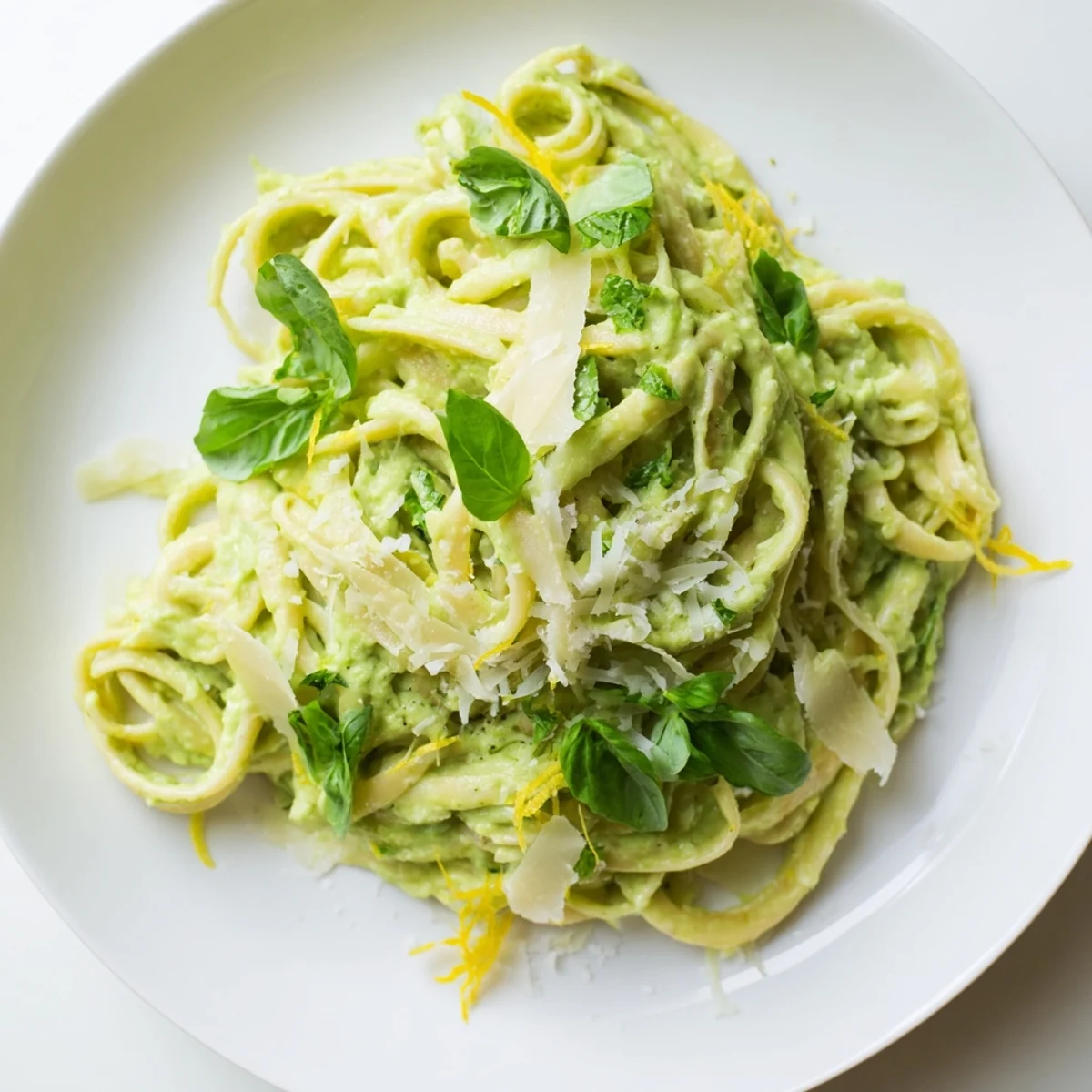 Creamy avocado pasta, a vibrant green dish topped with fresh basil and Parmesan cheese.