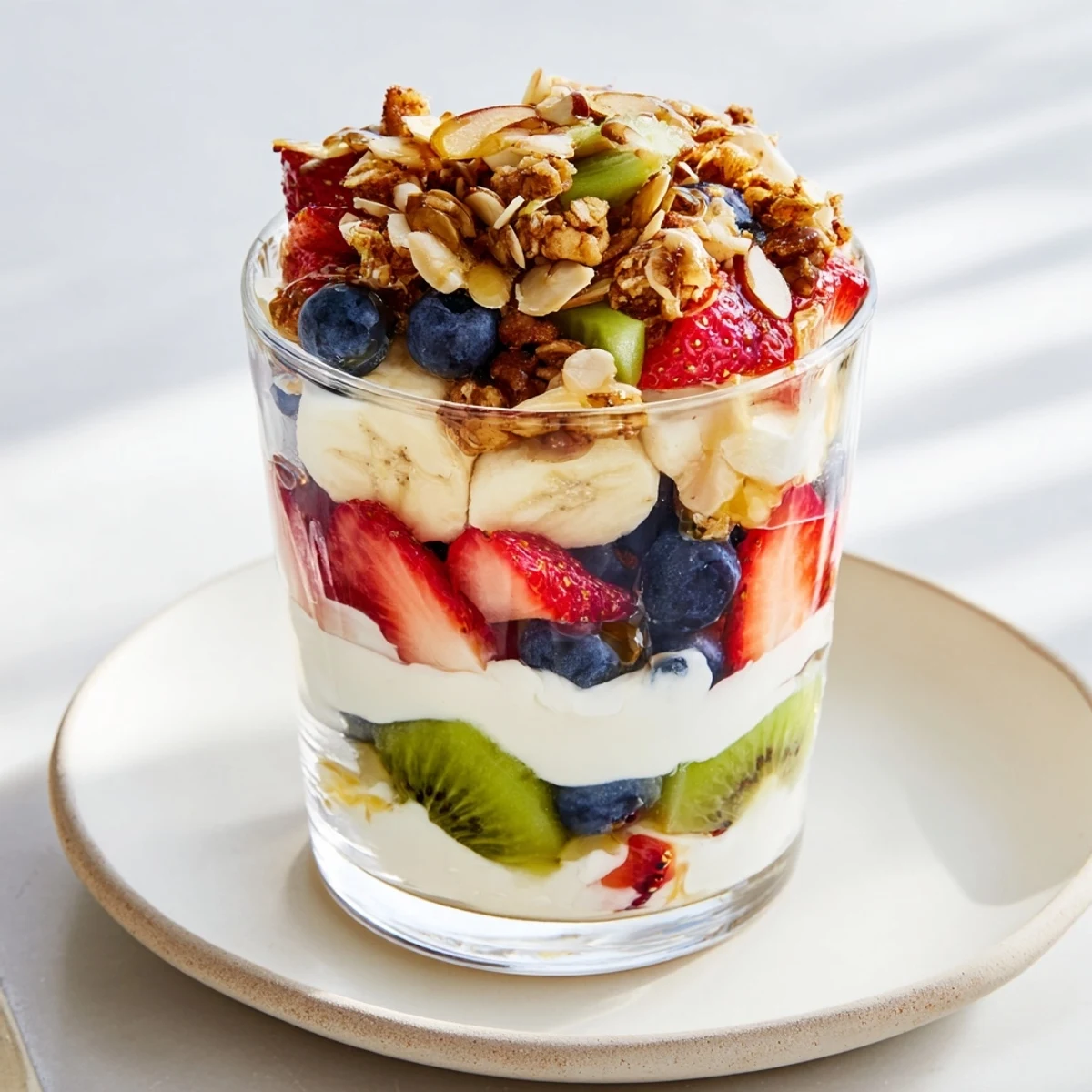 Layered Yogurt Fruit Parfait with vibrant berries and crunchy granola, a delightful healthy breakfast cup.