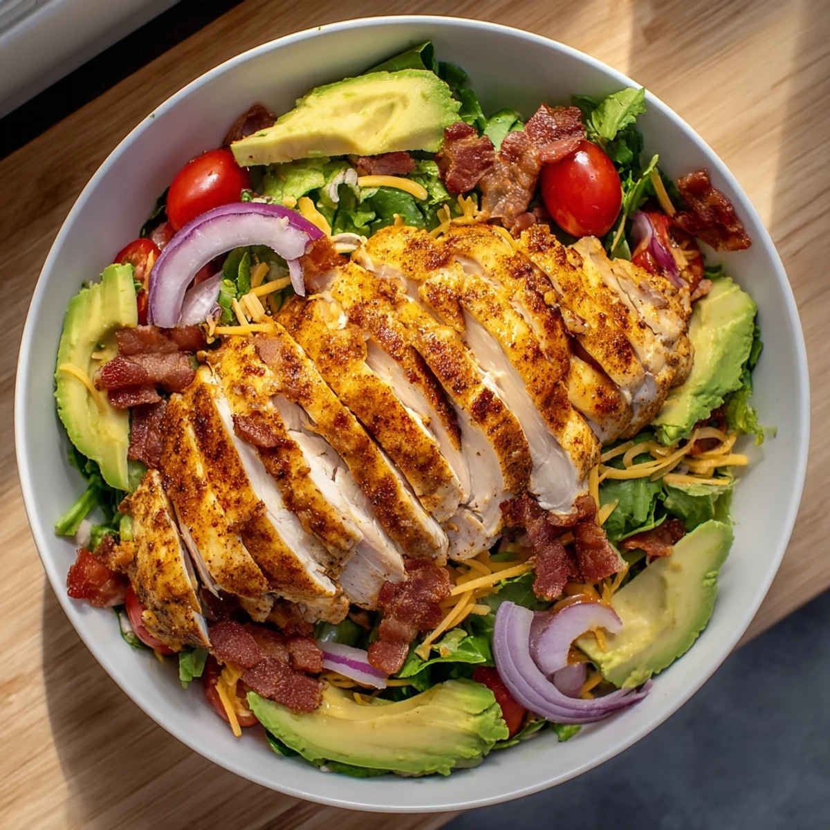 A colorful close-up of the finished crispy bacon chicken salad, perfect for a satisfying, gluten-free meal.