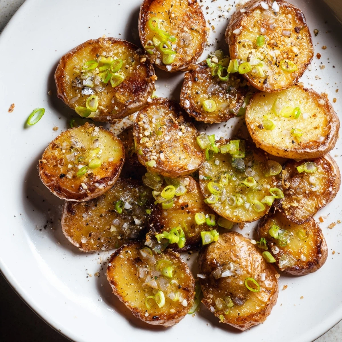 Crispy golden Smashed Green Onion Potato Bombs piled high, ready to be enjoyed as a side dish.