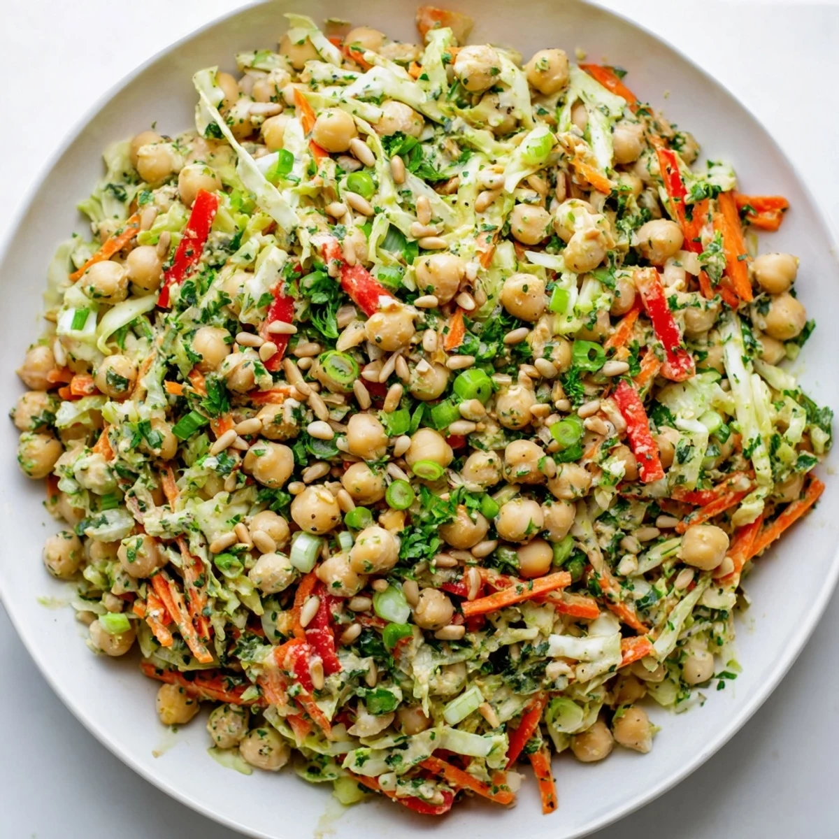 A close-up of Fiber-Forward Chickpea Salad, highlighting fresh ingredients perfect for a healthy lunch.