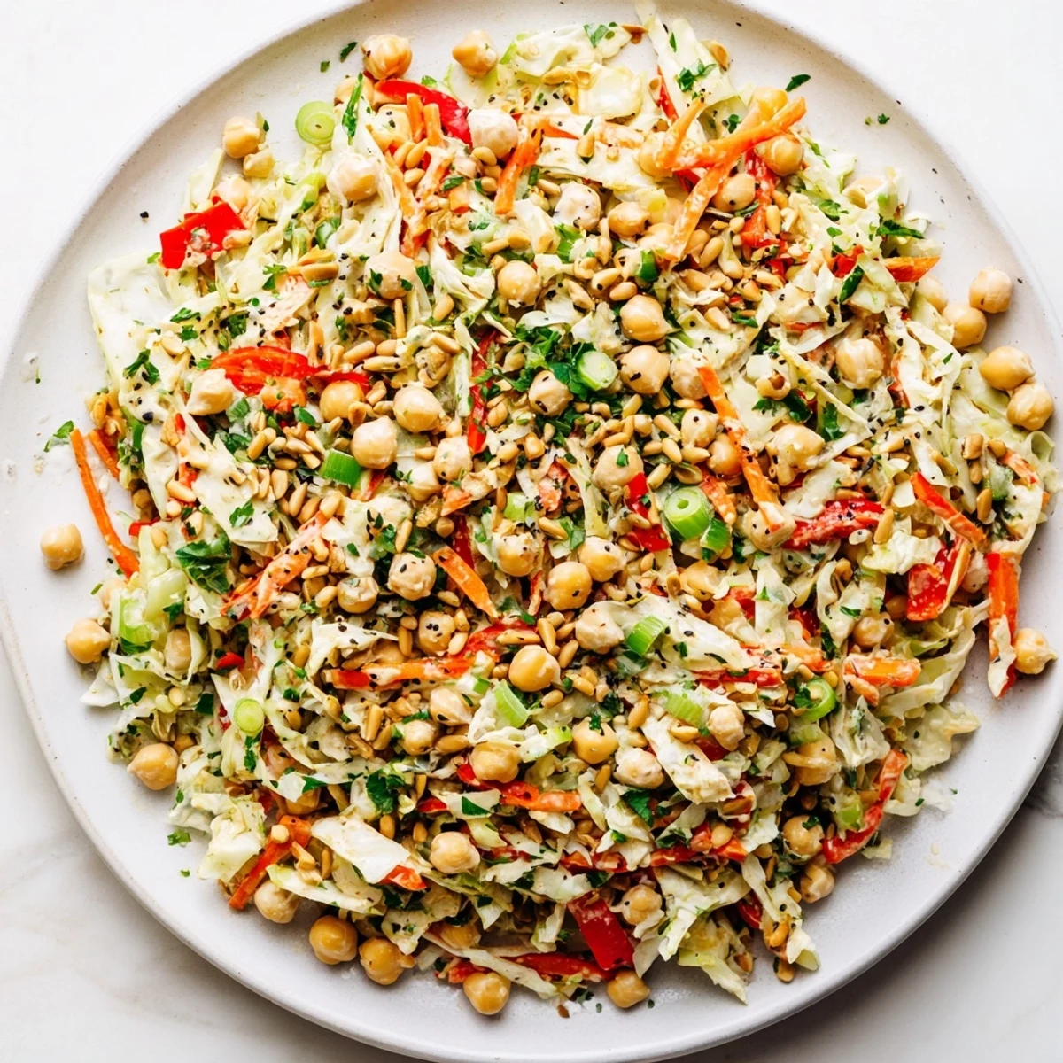 Overhead view of a Fiber-Forward Chickpea Salad, ready to serve as a delicious, vegan side dish.