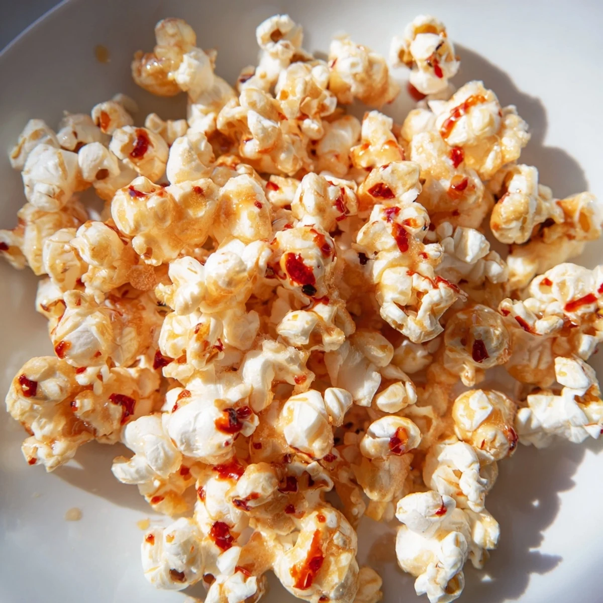 Golden, buttery Hot Honey Butter Popcorn with a drizzle of spicy honey, ready to eat.