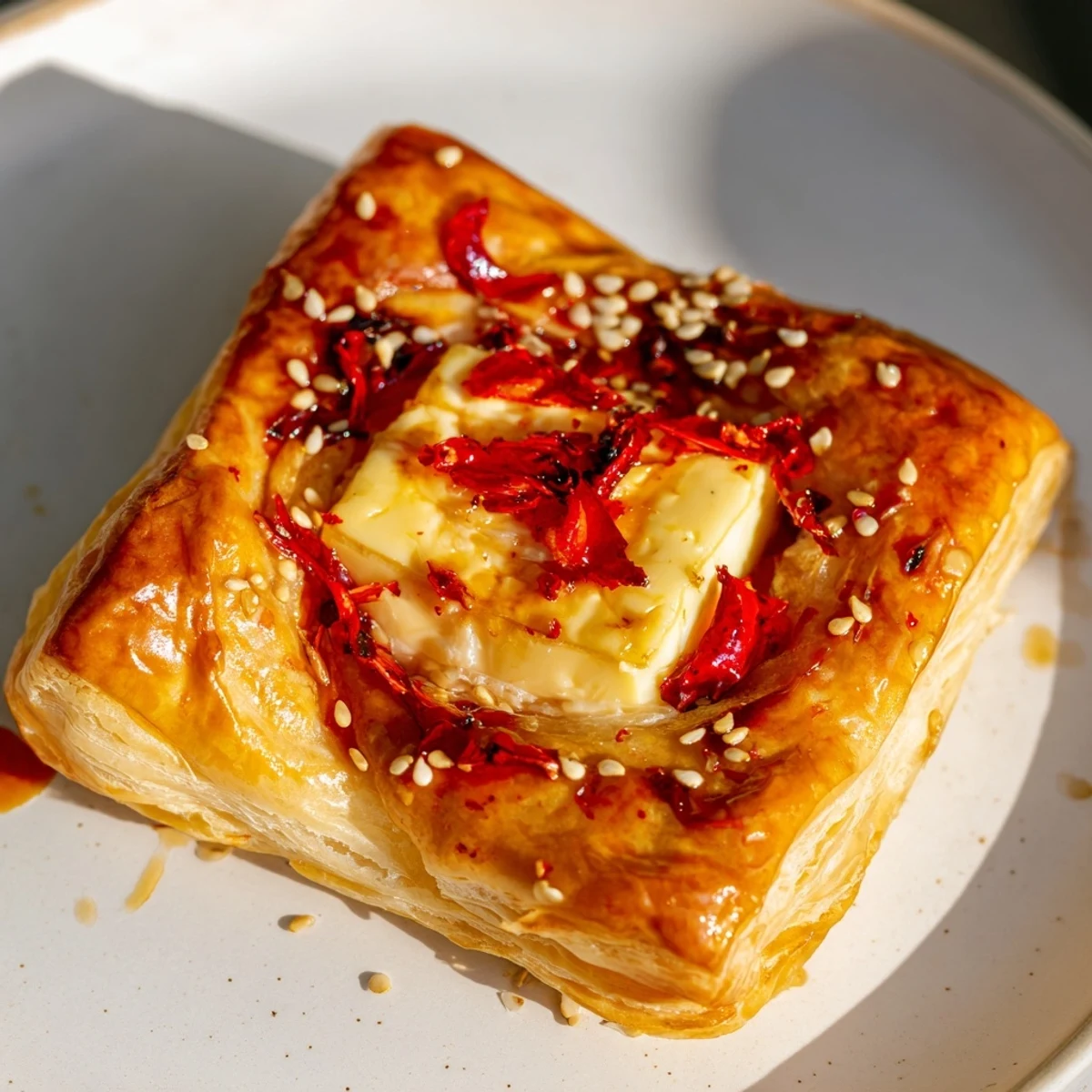 Golden, flaky Chili Crisp Honey Brie Bites, warm and oozing, perfect appetizer for any party.