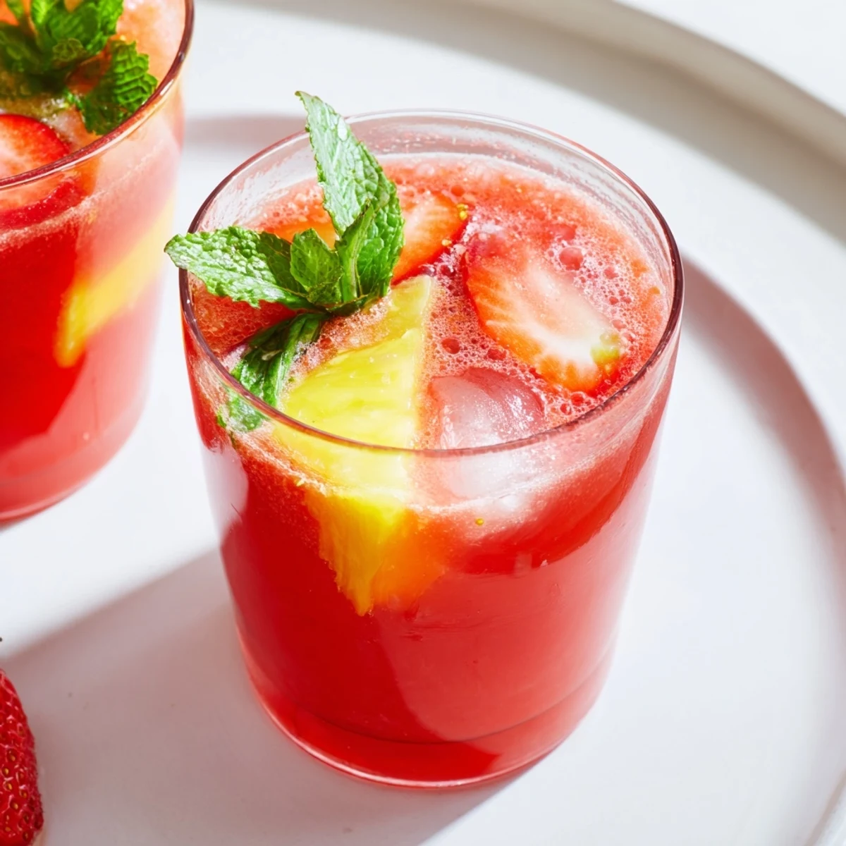 Easy-to-make, bubbly fruit refresher drinks featuring fresh fruit purees, ready to serve with mint.