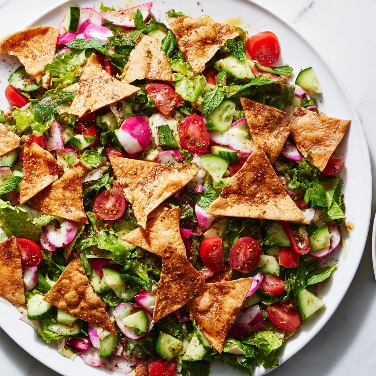 Vibrant Lebanese Fattoush Salad with toasted pita chips, a fresh and flavorful Middle Eastern dish.