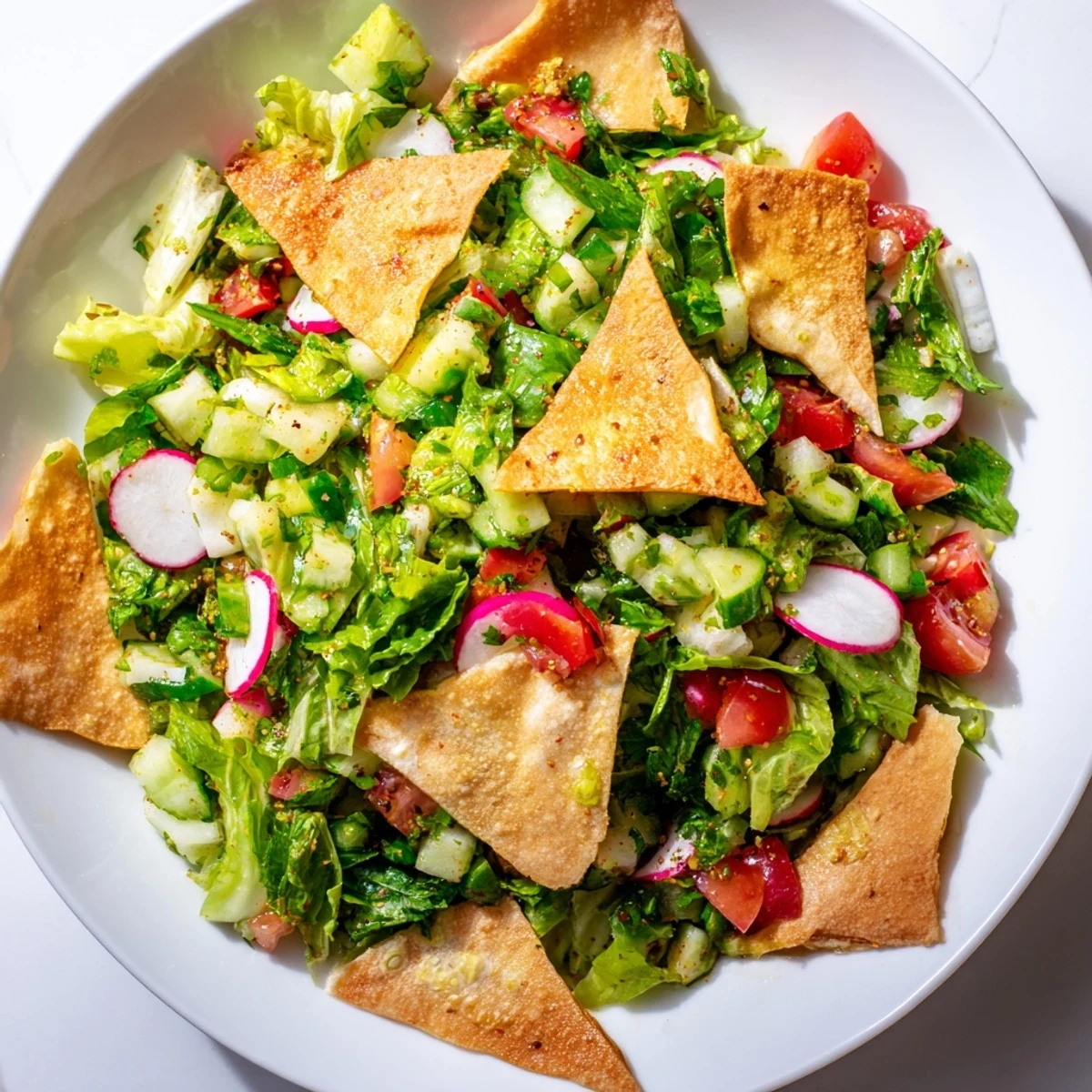 Close-up of a colorful Lebanese Fattoush Salad, refreshing and tossed with tangy, flavorful dressing.