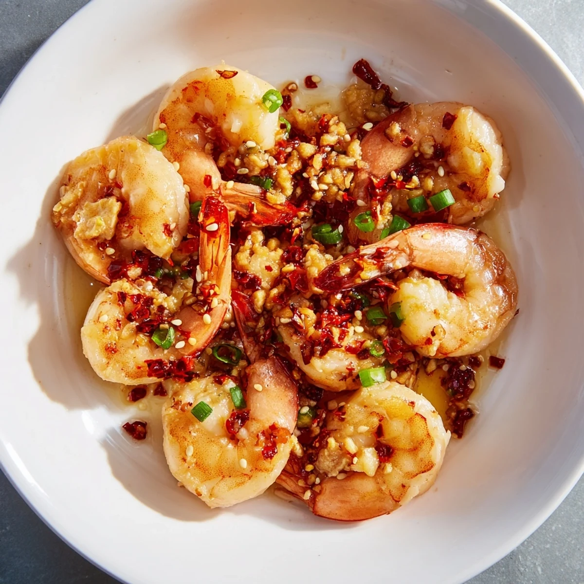 Spicy and savory Korean Garlic Butter Shrimp with sesame seeds and scallions, a delightful pescatarian meal.