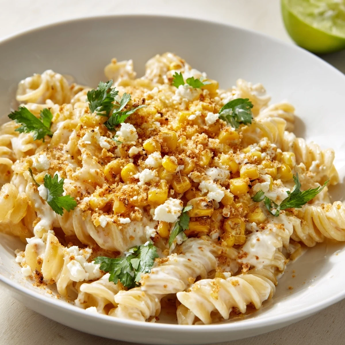 Enjoy a steaming plate of Mexican street corn pasta, a tasty vegetarian main course.