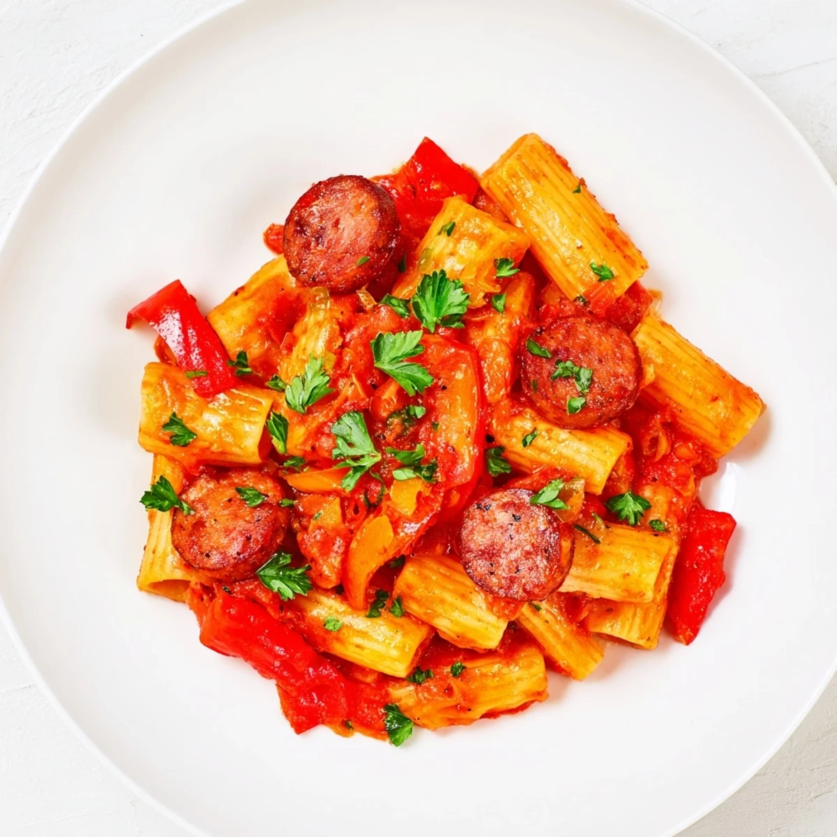 A steaming bowl of comforting Spanish chorizo pasta, with visible chorizo and bell peppers.