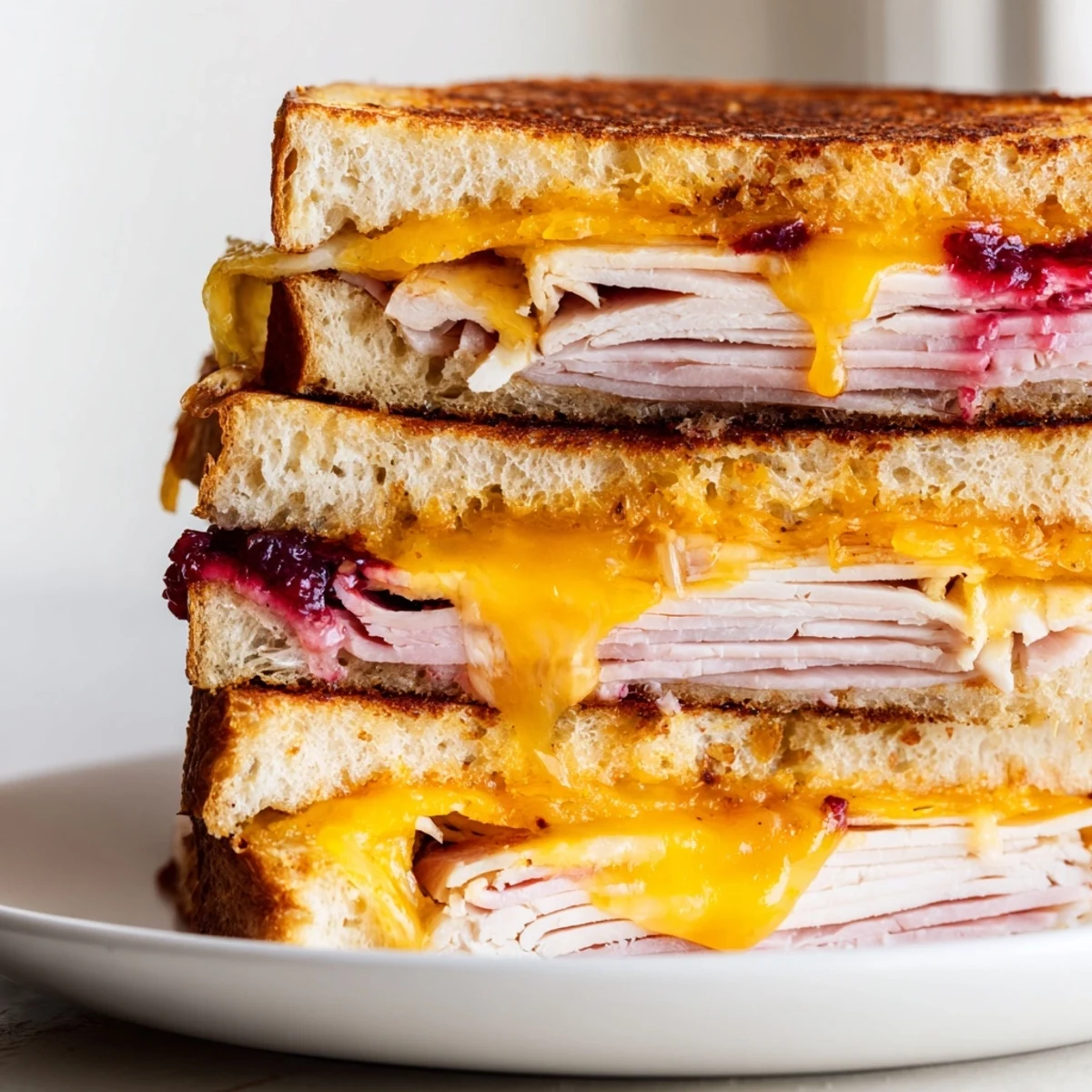 Smoked Turkey Grilled Cheese mit knusprigem Brot, geschmolzenem Cheddar und würziger Cranberry-Note, serviert auf rustikalem Holztisch.