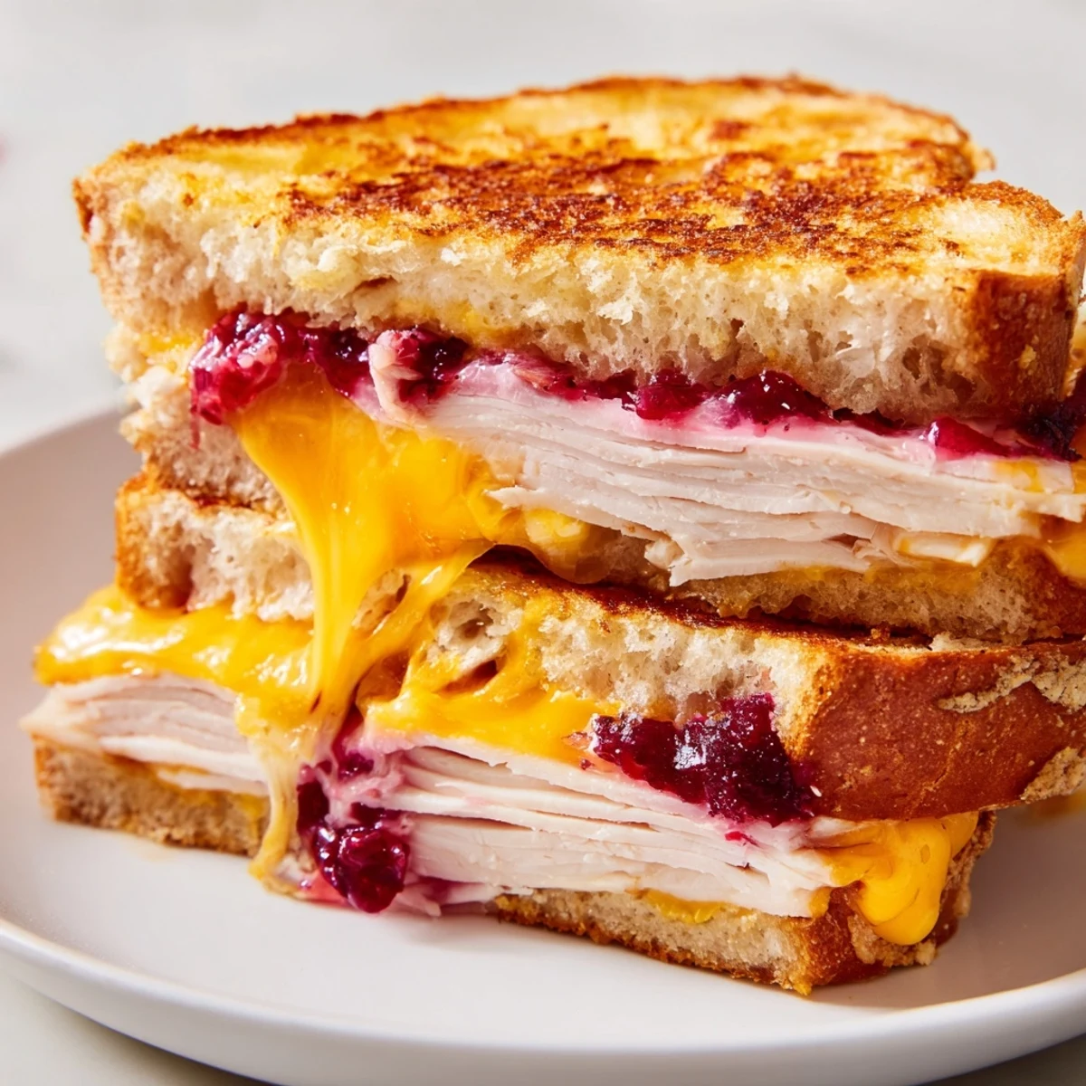 Smoked Turkey Grilled Cheese mit dünn geschnittenem Putenbraten, würziger Cranberry-Soße und geschmolzenem Käse, frisch aus der Pfanne.