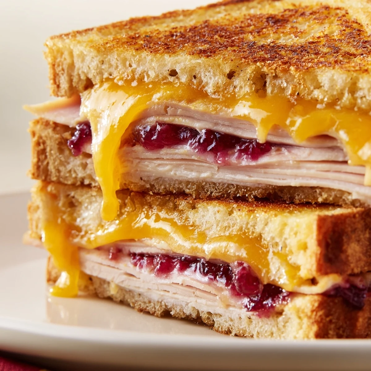 Gebratenes Smoked Turkey Grilled Cheese mit goldbrauner Kruste, Raucharoma und cremig-scharfem Cheddar, warm auf blauem Teller.