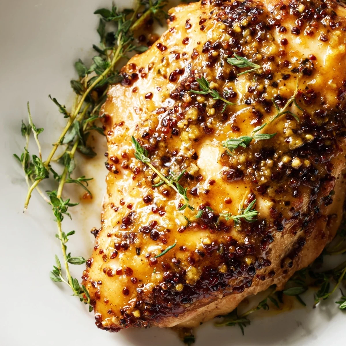 Honey Dijon Chicken Skillet mit goldbraunen Hähnchenstücken, serviert auf einem Holzbrett und umgeben von aromatischen Kräutern.