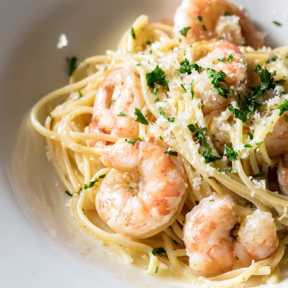 Creamy Garlic Shrimp Pasta with plump shrimp coated in rich parmesan cream sauce over linguine.