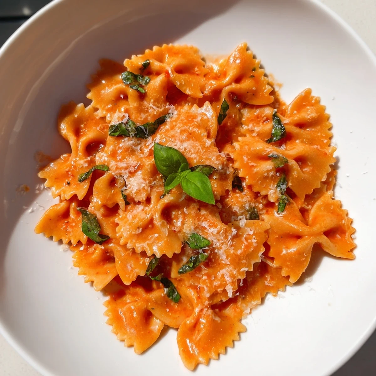 Farfalle-Pasta in cremiger Tomaten-Basilikum-Sauce auf einem tiefen Teller serviert.  