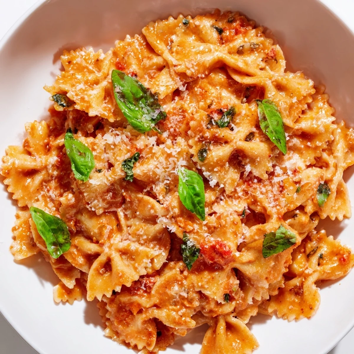 Cremige Tomato Basil Bowtie Pasta Dampfend im warmen Teller, perfekt für ein schnelles Abendessen.