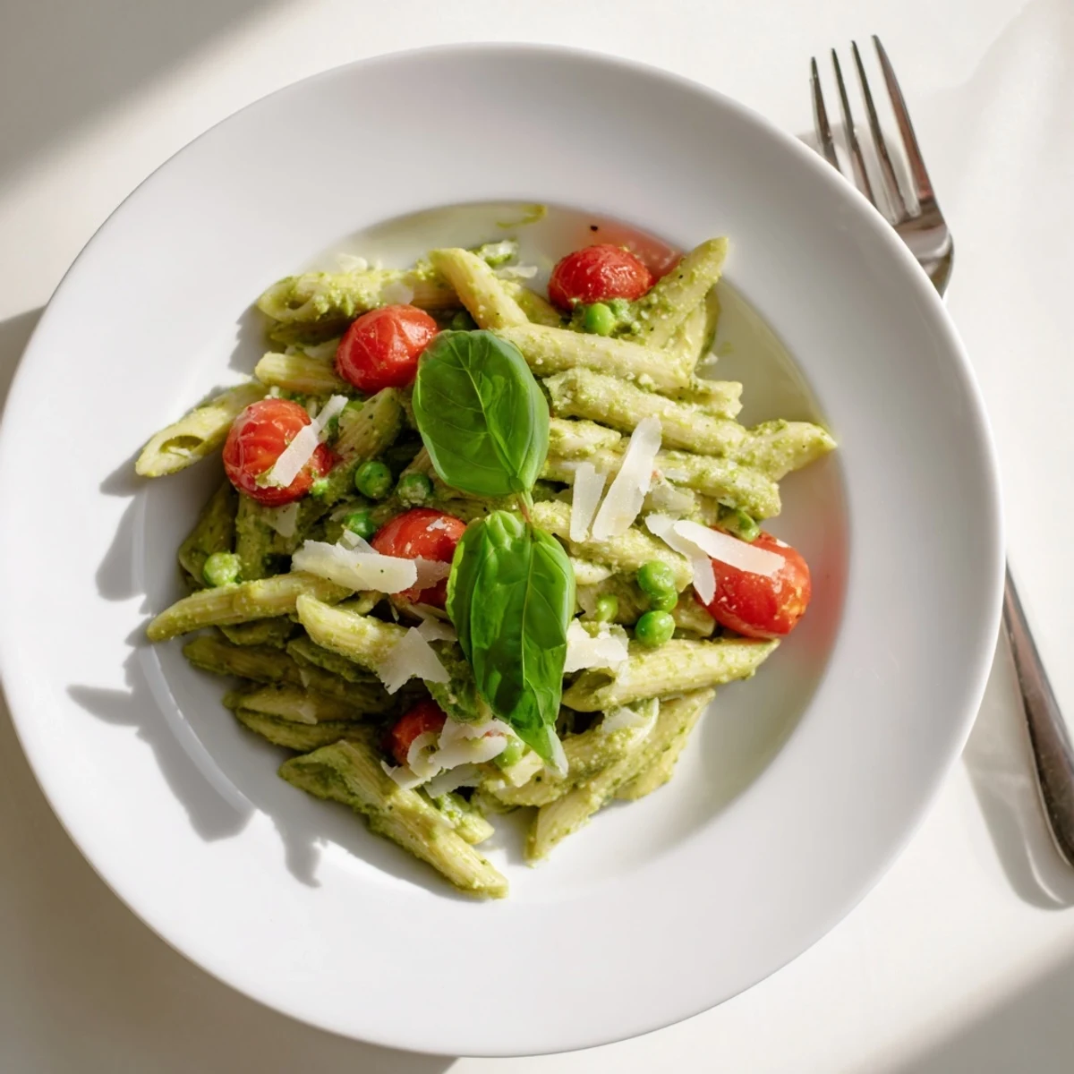 Fresh Green Pesto Pasta Salad with sweet peas and juicy cherry tomatoes in a white bowl.