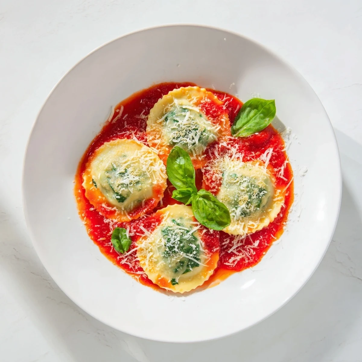 Frisch zubereitete Spinat Ricotta Ravioli in cremiger Marinara-Sauce garniert mit Basilikum.  