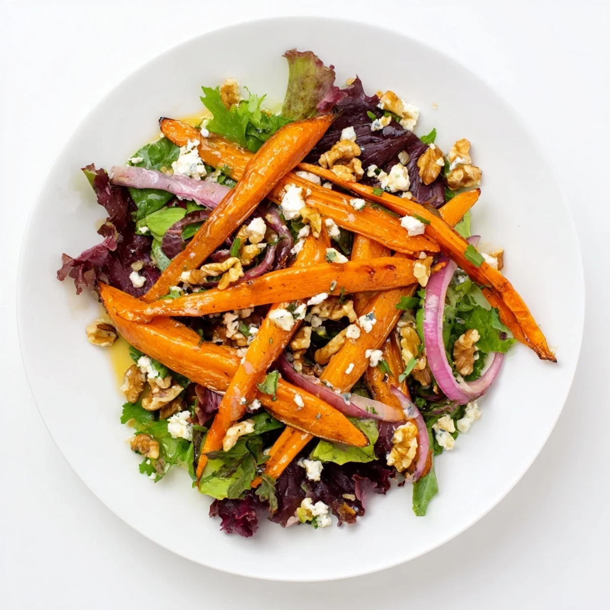 Gelb-orange Karottenbandnudeln liegen auf grünem Salat mit einer glänzenden Honig-Senf-Vinaigrette und zerbröseltem Feta.