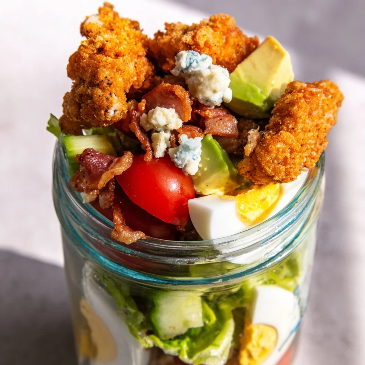 Layered Crispy Chicken Cobb Jar Salad with crispy chicken, hard-boiled egg, smoky bacon, and tangy blue cheese.