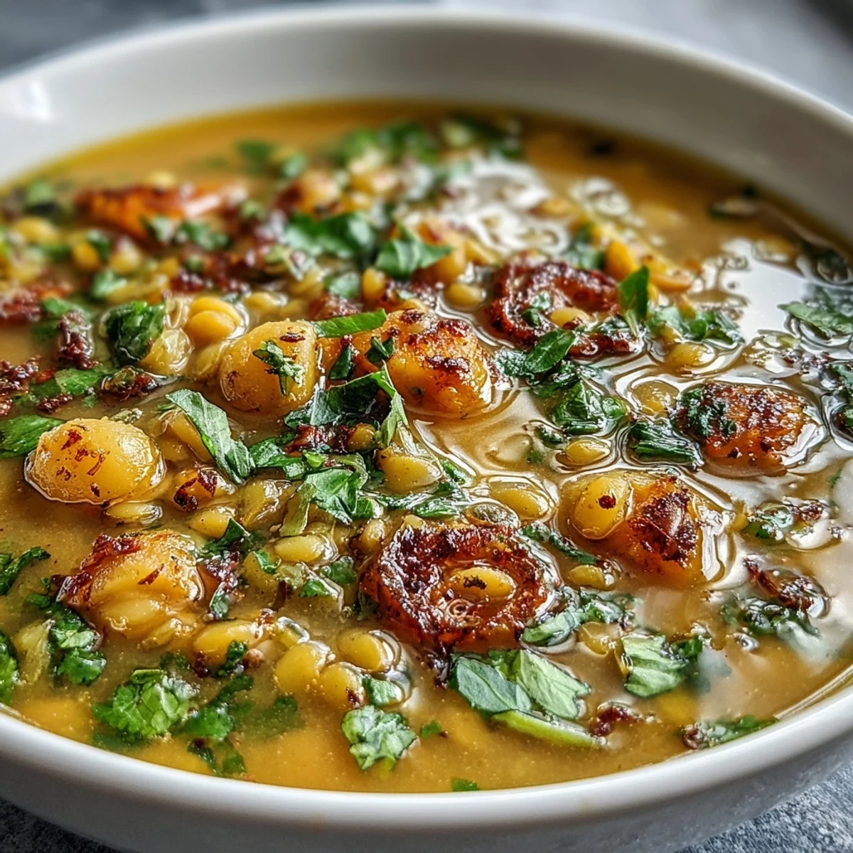 Ein dampfender Topf Mungbohnensuppe mit frischem Koriander und einem Spritzer Zitrone garniert.
