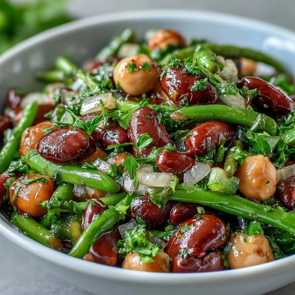 Klarer Glasschaler mit lebhaftem Three-Bean Salad in tangy Apfel- Cider Vinaigrette, garniert mit roten Zwiebeln und Petersilie.