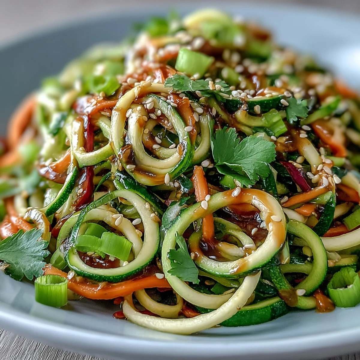 Helle Schüssel mit Spiralgemüse, übergossen von einem würzigen Sesam-Ginger-Dressing und mit gerösteten Erdnüssen bestreut.