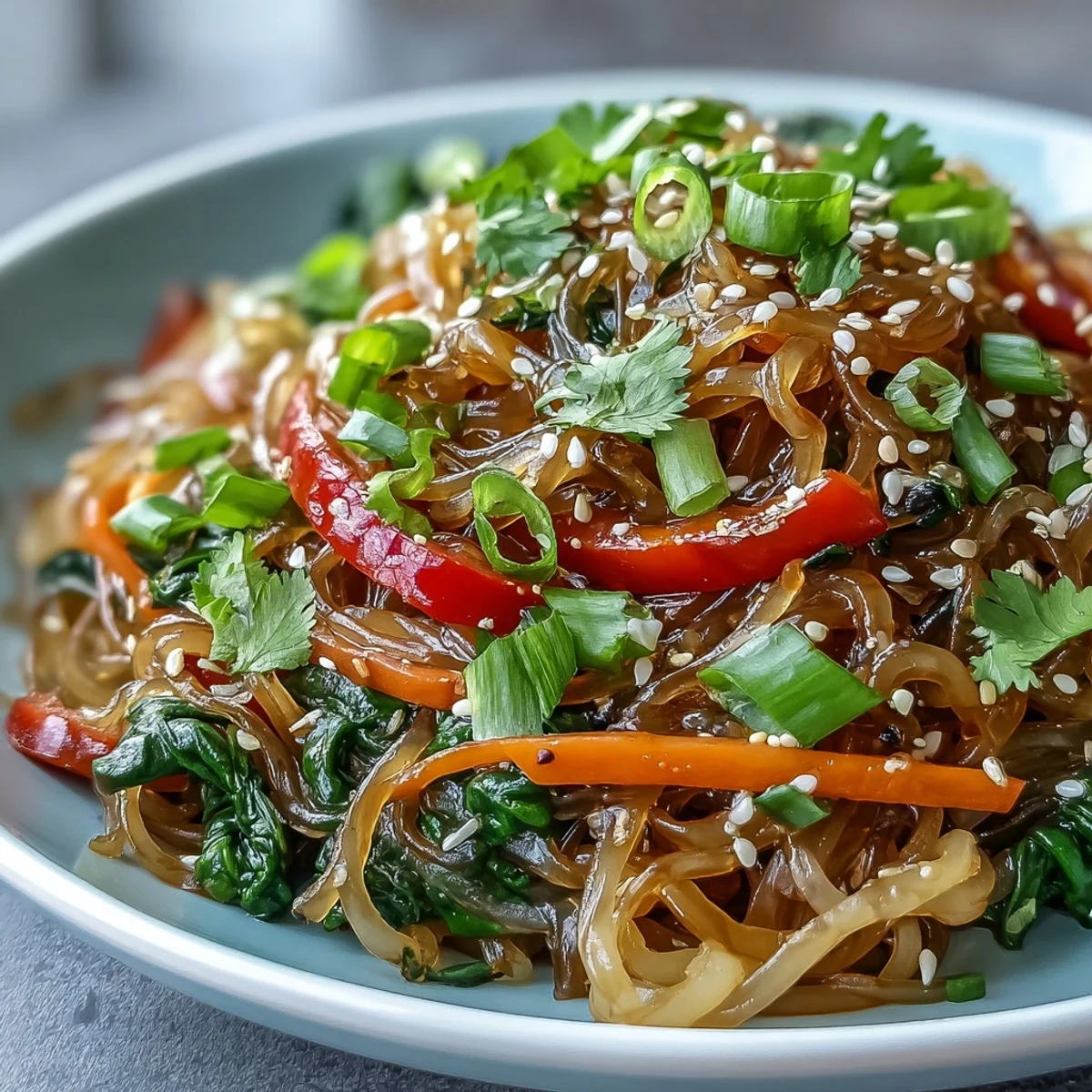 Kelp Noodle Stir-Fry mit bunten Gemüsestücken und cremiger Ingwer-Sauce auf einem Teller serviert  