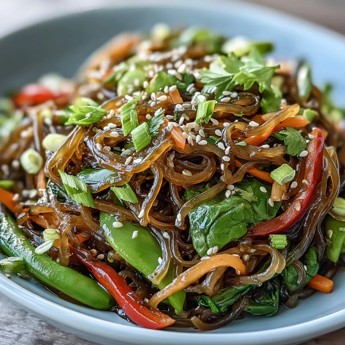 Asiatisch inspirierte Kelp Noodle Stir-Fry mit knackigen Erbsen und würziger Tamari-Ingwer-Sauce im Wok