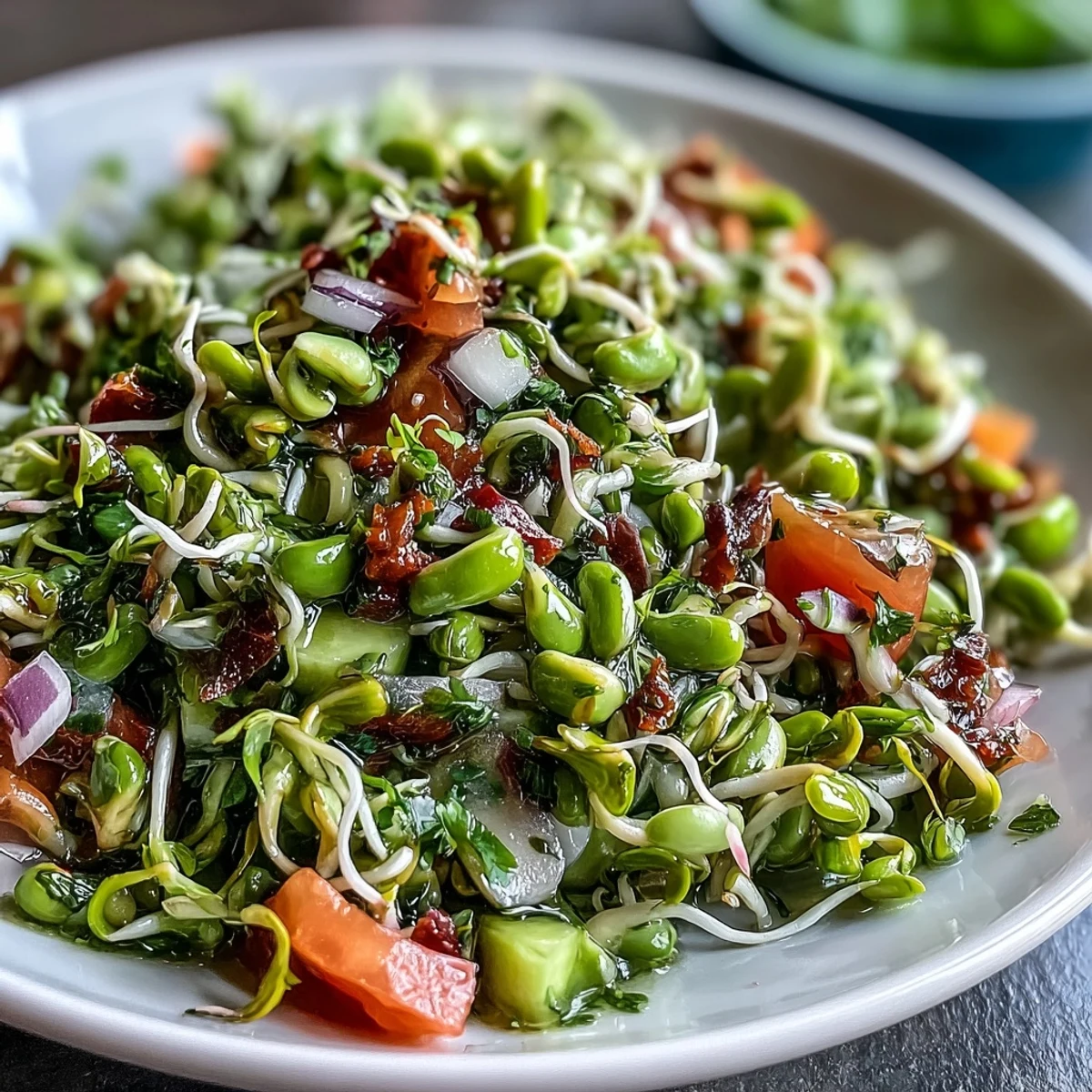 Farbenfroher Sprouted Seed Salad mit spröden Sprossen, Karottenraspeln und einem zitronigen Dressing.