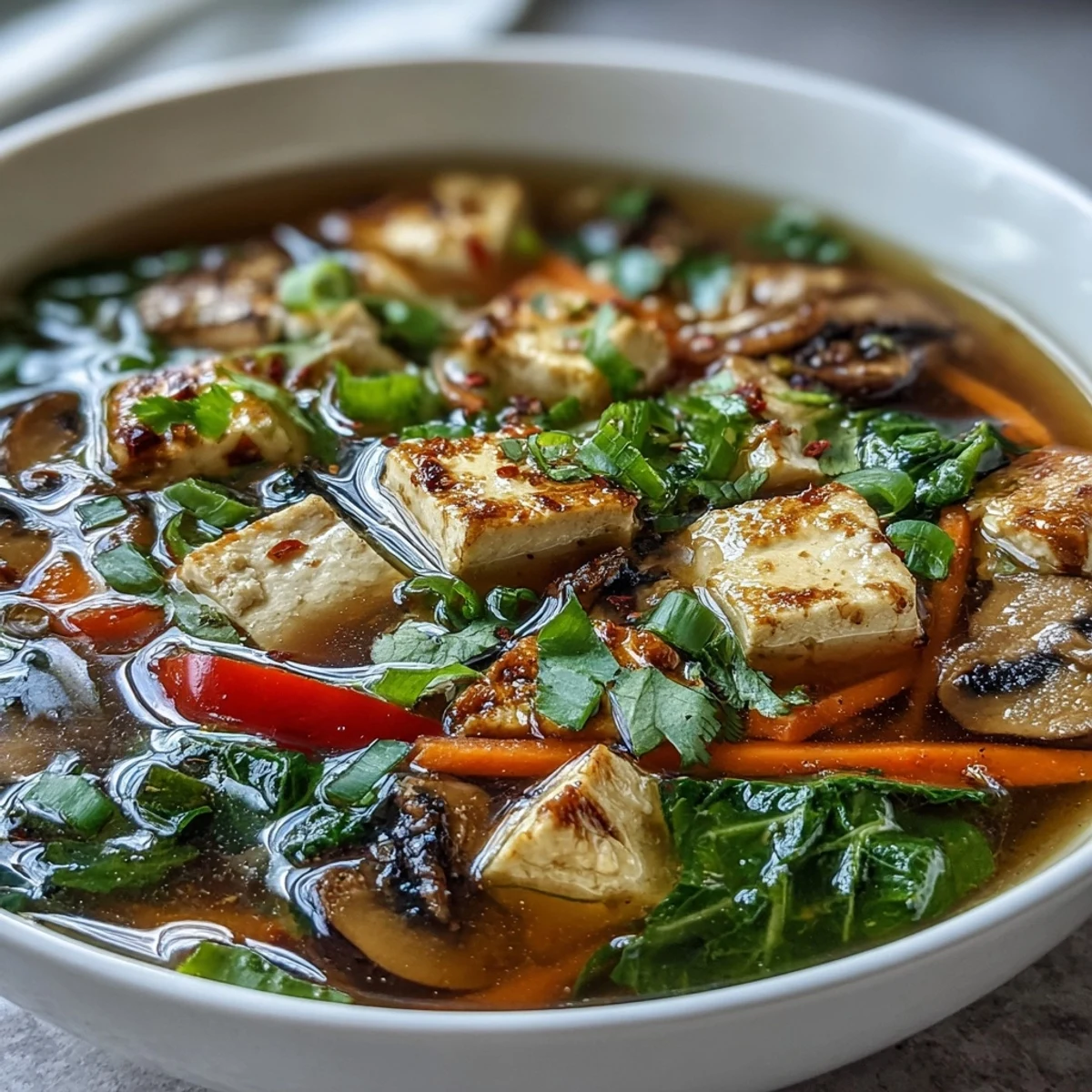 Vietnamesisch inspirierte Tofu-Gemüse-Suppe, einfach, belebend, bereit zum Geniessen.