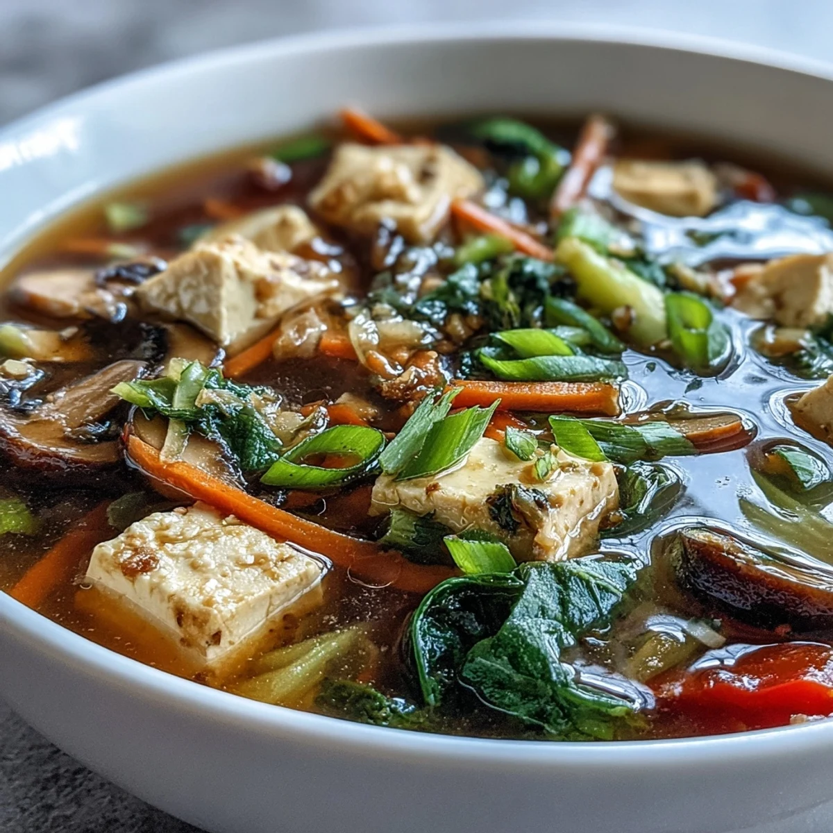 Herzhafte asiatische Tofu-Gemüse-Suppe, leicht, aromatisch und voller frischer Zutaten.
