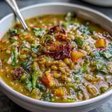 Eine Schüssel Mungbohnensuppe mit weichen Bohnen, Möhrenstücken und gewürzter Brühe auf hölzernem Tisch.